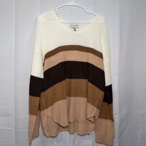 Freshman 1996 Striped Sweater XL Brown Cream V-Neck Knit Pullover